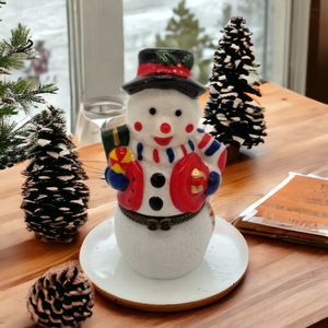 Snowman Red Jacket Hinged Trinket Box Holiday Porcelain Christmas